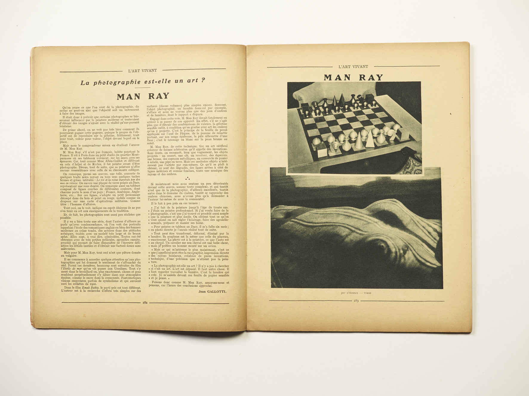 Man Ray
Jean Gallotti, La photographie est-elle un art? – Man Ray
L’Art Vivant, Vol. 5, Nr. 103, April 1929, S. 282–283
© Man Ray Trust, Paris