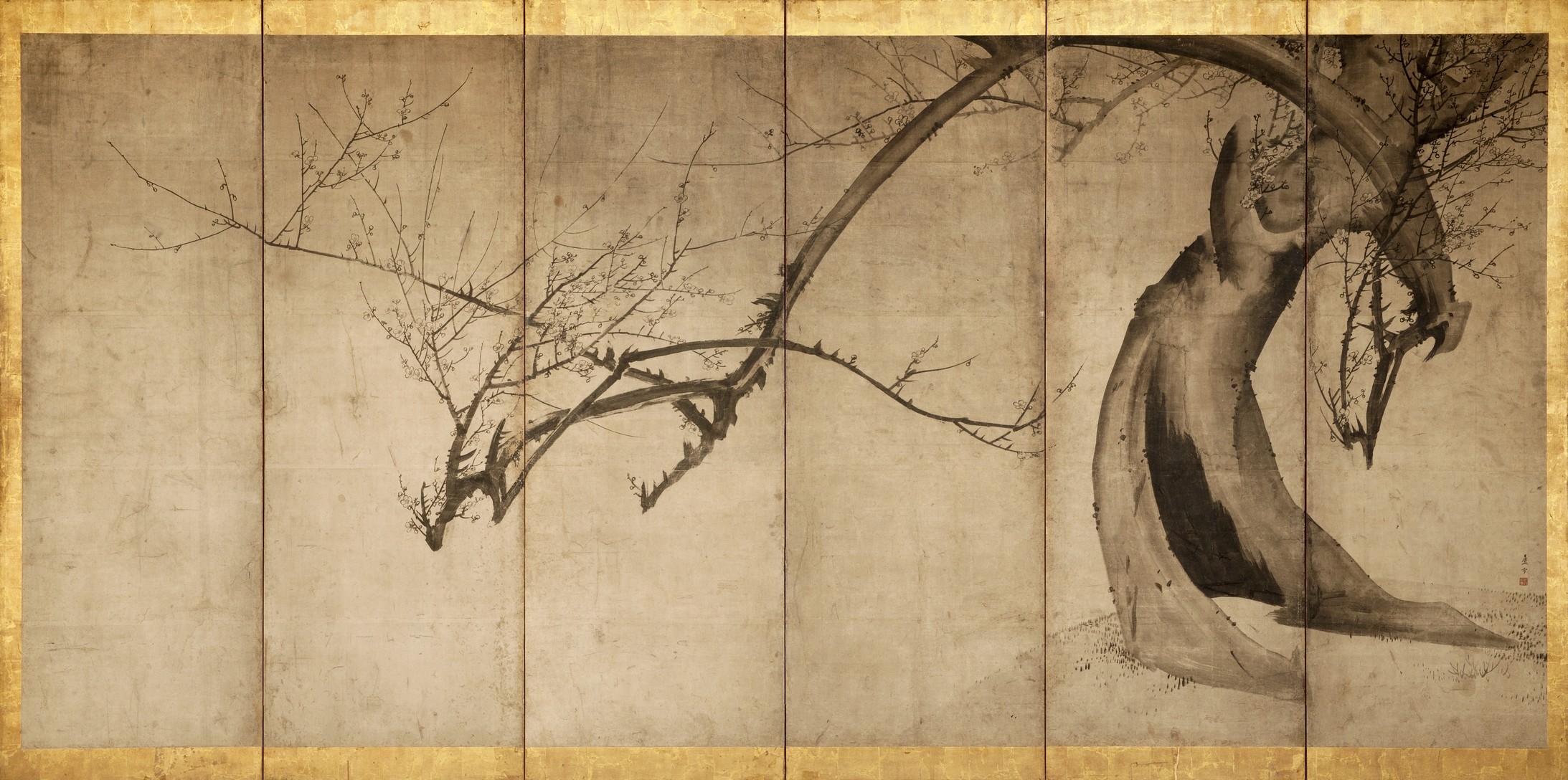 Pflaumenbaum, Nagasawa Rosetsu (1754-1799), Detail aus einem Stellschirm, bestehend aus 6 Paneelen; Tusche auf Papier
Private Sammlung, New York © Museum Rietberg