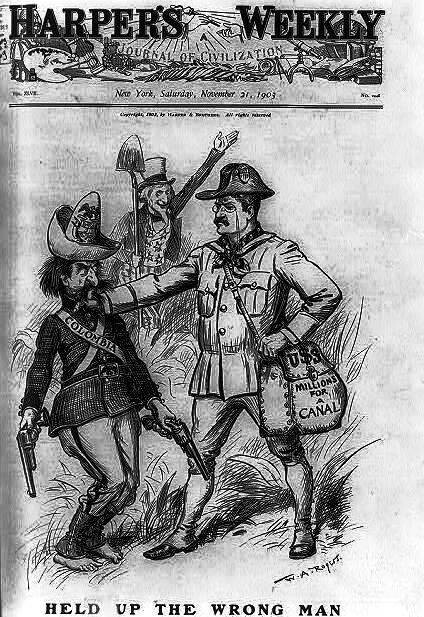 Eine amerikanische Karikatur vom 21. November 1903 zeigt "Columbia" als Banditen. Er wird von Präsident Roosevelt zurechtgewiesen. Roosevelt hat Millionen Dollar "für den Kanal" in der Tasche.