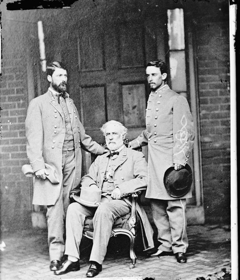 Robert E. Lee mit G.W.C Lee (links) und Walter Taylor (rechts). Publiziert in den 1860er-Jahren. Trotz seiner Niederlage wird Lee noch heute in weiten Teilen der USA bewundert.