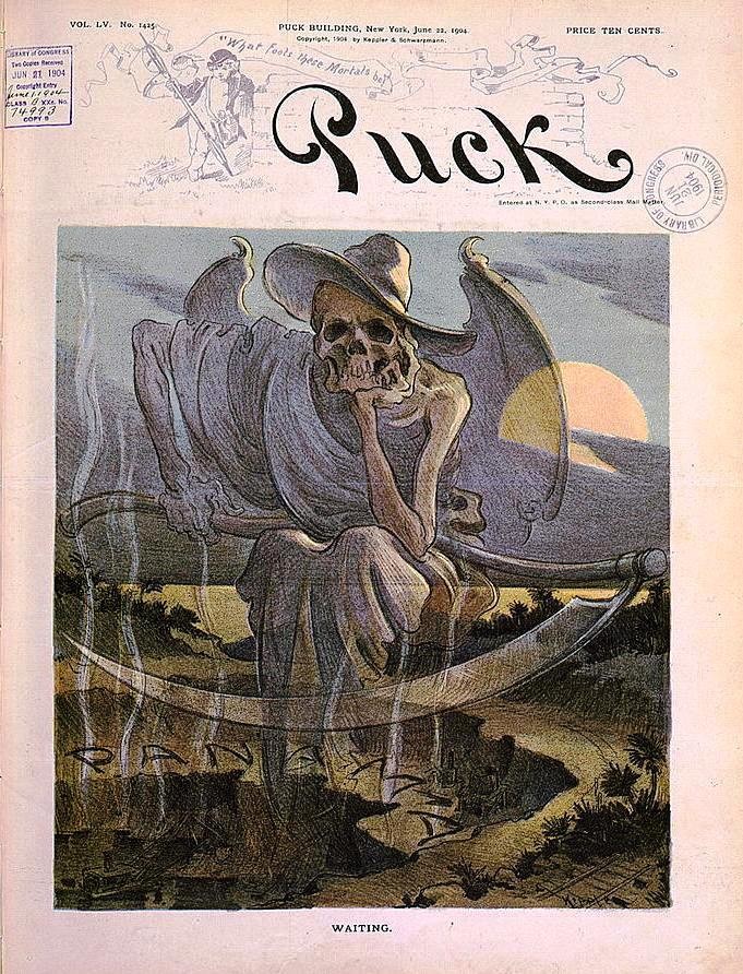 Auch jetzt sterben Arbeiter. Die Zeitschrift Puck erinnert am 22. Juni 1904 an ihr Schicksal.  „Waiting“, heisst die Karikatur. Der Tod wartet. Zwischen 1906 und 1914 kommen 5‘609 Arbeiter ums Leben (zwei pro Tag). Insgesamt also fordert der Bau des Kanals 28‘000 Tote.