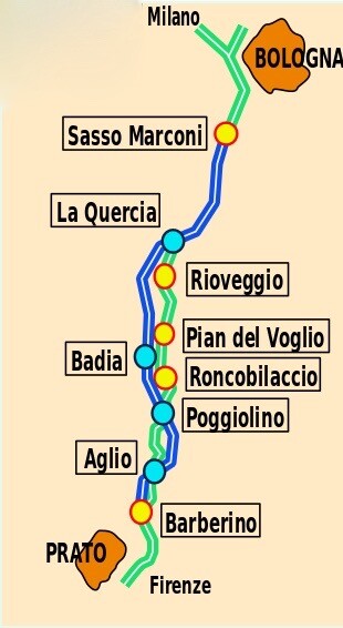 Grün eingezeichnet: die bisherige Autobahn, blau die Variante di Valico, die neue Autobahn