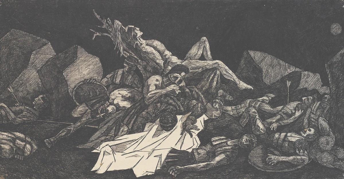 Friedrich Dürrenmatt: Schlacht bei den Thermopylen, 1938/39, Tusche auf Papier, 20,5 x 39,5 cm, Sammlung Schwarz, © CDN/Schweizerische Eidgenossenschaft