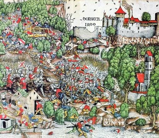 1499: Schwabenkrieg/Schweizerkrieg. Die Eidgenossen besiegen in der Schlacht von Dornach den Schwäbischen Bund. 3000 schwäbische Kämpfer sterben. Es ist die letzte, entscheidende Schlacht im Schwabenkrieg. (Anonymer, kolorierter Holzschnitt von etwa 1499.)