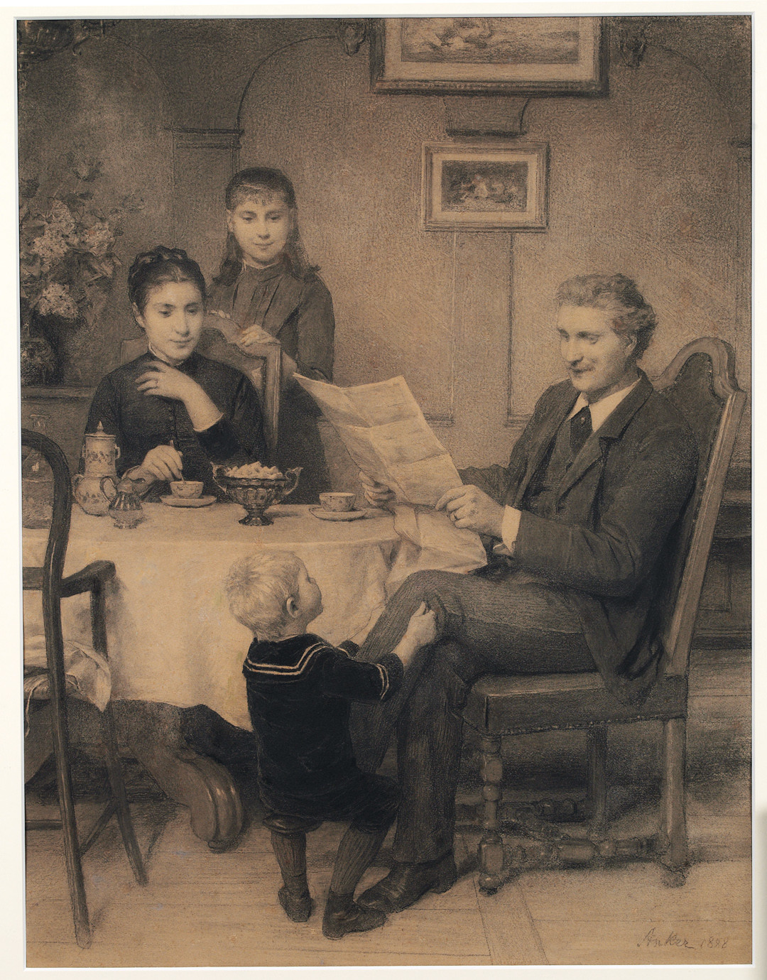 Glöückliche Familöie. 1888, Kohle auf Papier, 64,5 x 51 cm, Kunstmuseum Bern, Schenkung Stiftung Gemäldesammlung Emil Bretschger. 