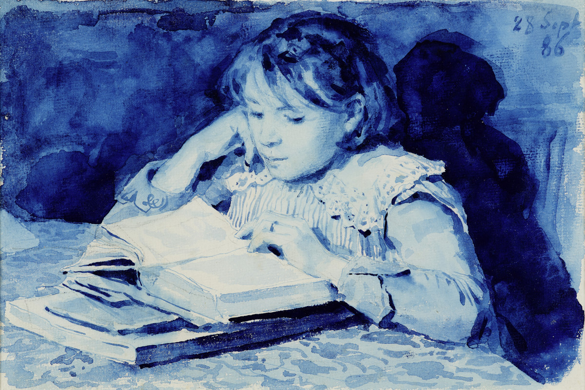 Lesendes Mädchen (Cécile Anker) 1886, Aquarell in Blau auf Papier, 16,9 x 23,3 cm, Stiftung Alber Anker-Haus, Ins, Foto: David Aebi