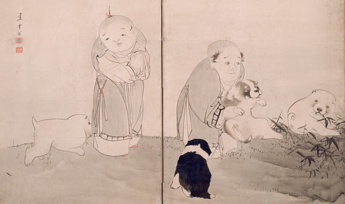Spielende chinesische Kinder, Nagasawa Rosetsu (1754-1799), ca. 1785, Detail aus einem paar sechsteiliger Stellschirme, Tusche und Farben auf Papier, Privatsammlung, Japan © Museum Rietberg