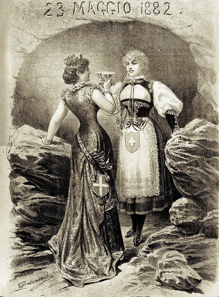 Mit der Eröffnung des Gotthardtunnels 1882 rücken die Schweiz und Italien zusammen. Zeitgenössische Illustration.