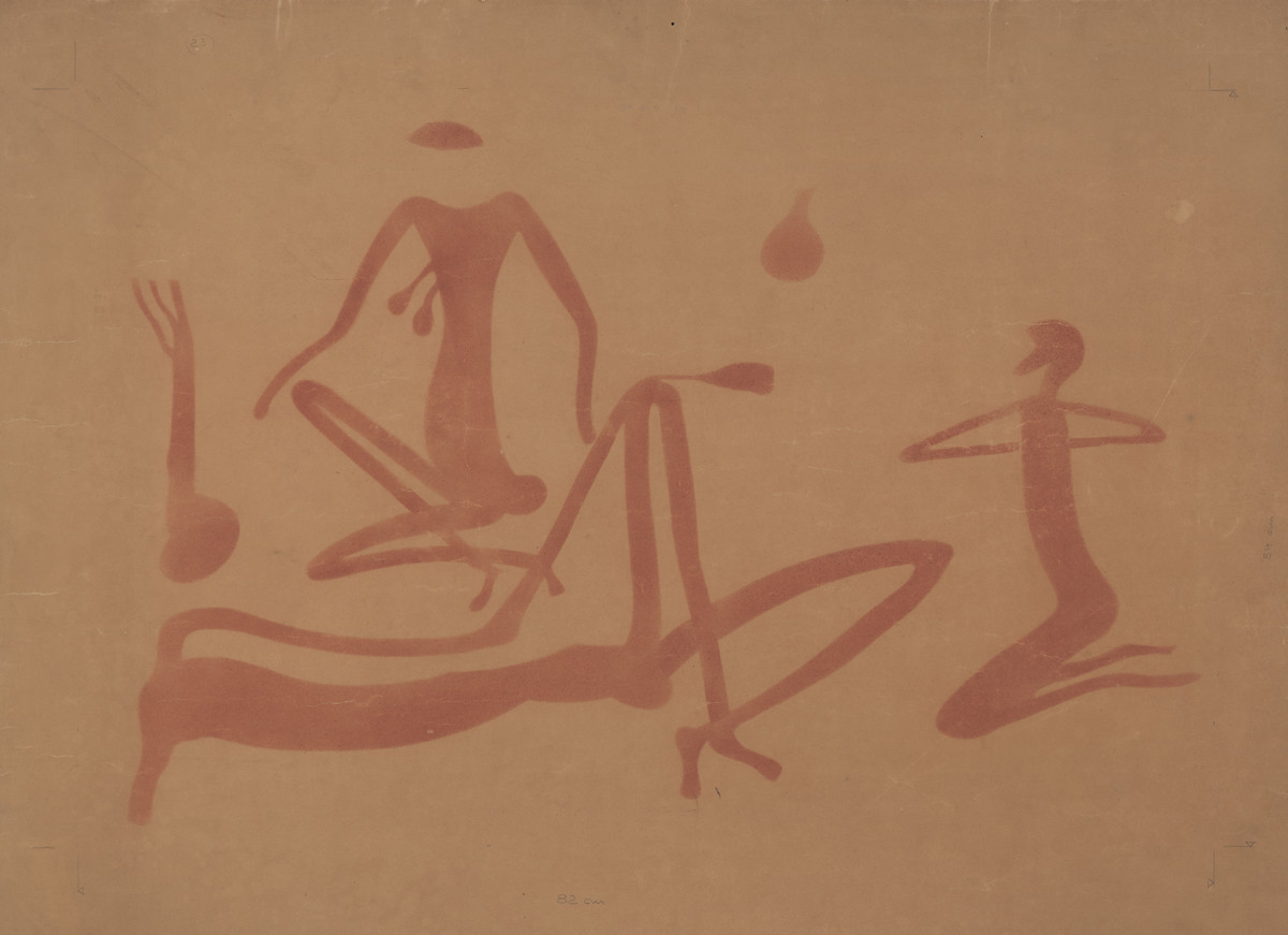 Liegende Frau und zwei Männer, Simbabwe, Mutoko, 1929, Joachim Lutz, Farbstift auf Papier, 99,5 × 69,5 cm © Frobenius-Institut