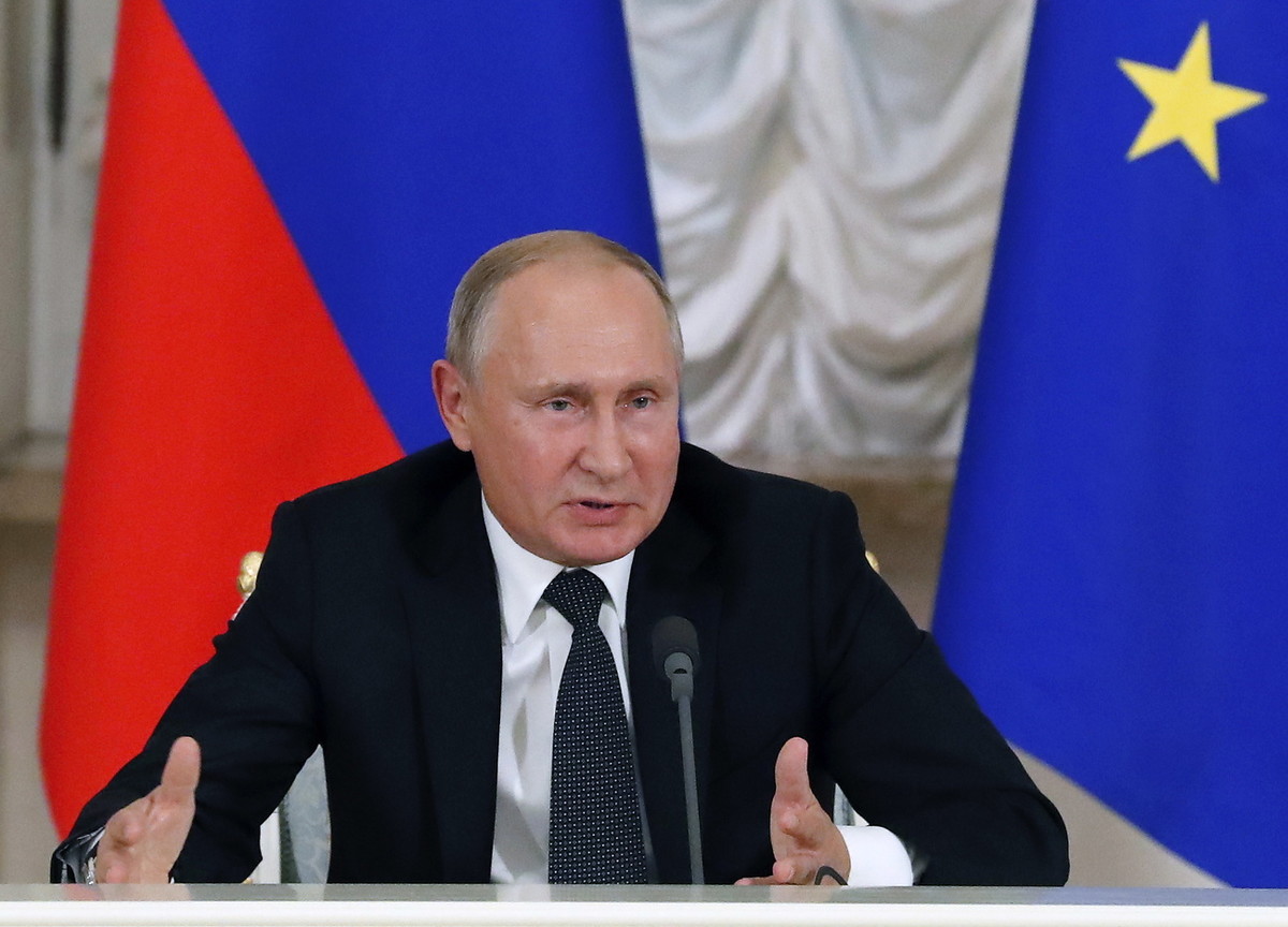 Putin an einer Pressekonferenz 2018 in Petersburg. (Foto: Keystone/Epa/Anatoly Maltsev) 