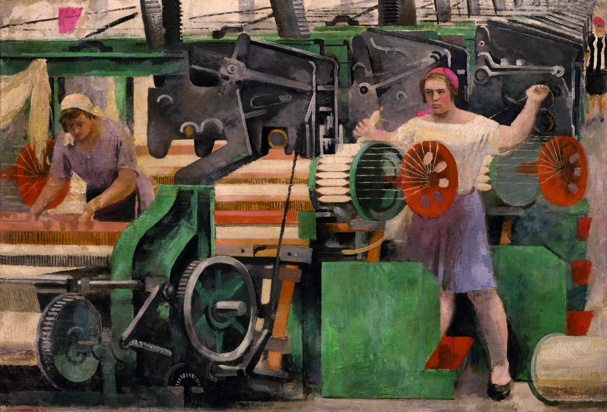 Alexander Samochwalow: Textilfabrik, 1929, Öl, Tempera auf Leinwand, 68 x 98 cm, Staatliches Russisches Museum, St. Petersburg, © 2017 ProLitteris, Zürich