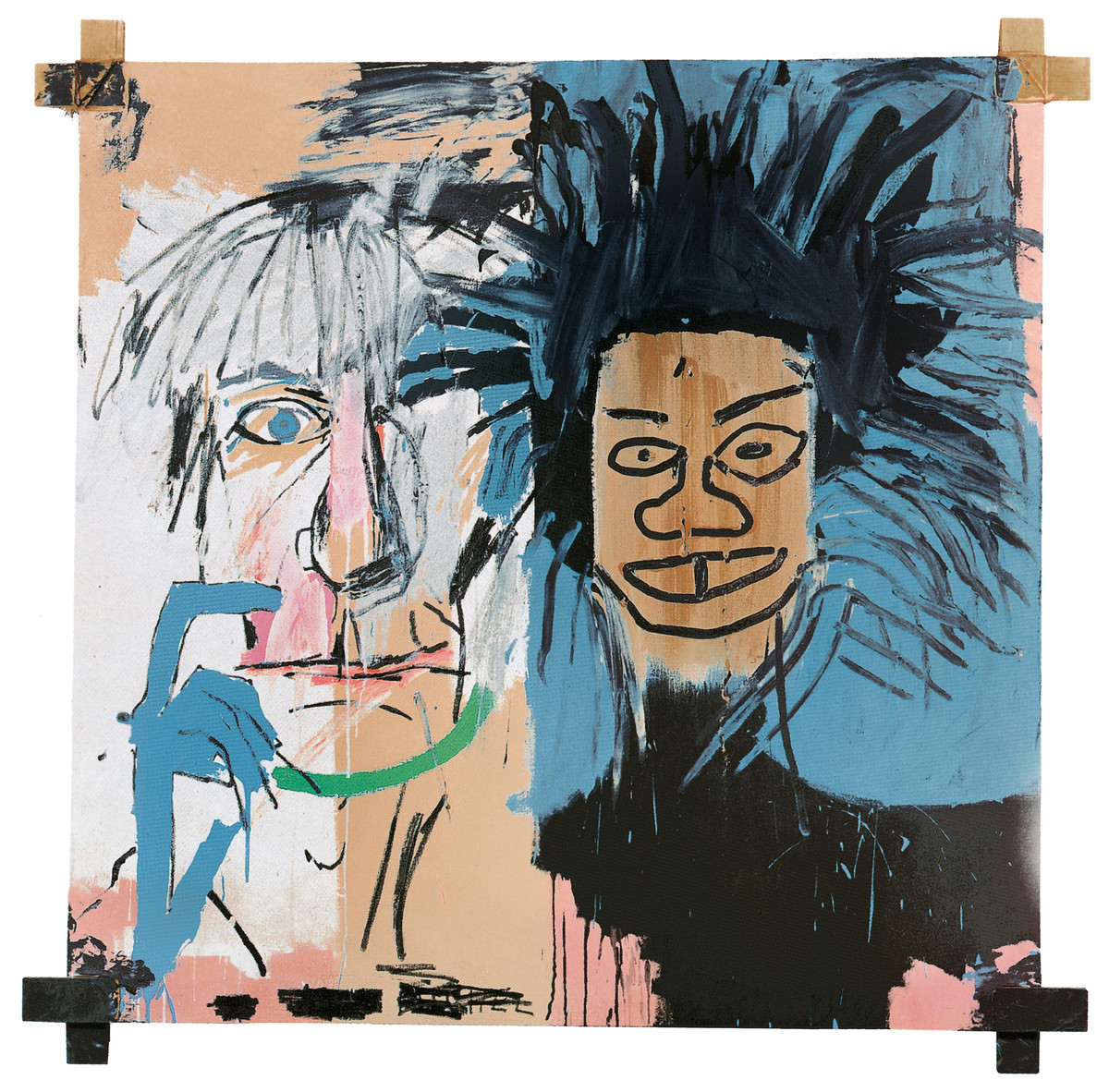 Jean-Michel Basquiat, Dos Cabezas, 1982, Acrylic and oil stick on canvas with wooden supports, Private collection, © VG Bild-Kunst Bonn, 2018 & The Estate of Jean-Michel Basquiat. Licensed by Artestar, New York - Basquiat malte nach der ersten Begegnung Andy Warhol und sich selbst im Doppelporträt.