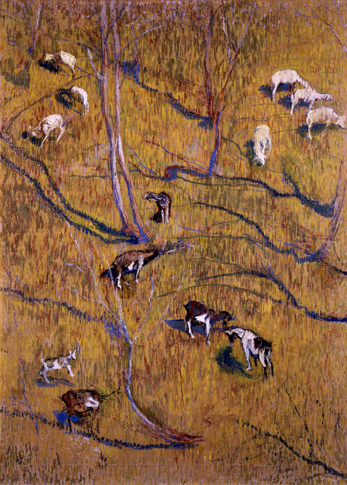 Giovanni Giacometti: Sonniger Hang mit Ziegen und Schafen, 1900, Öl auf Leinwand, 115 x 80 cm, Bündner Kunstmuseum Chur, Ankauf, Foto: Stephan M. Schenk