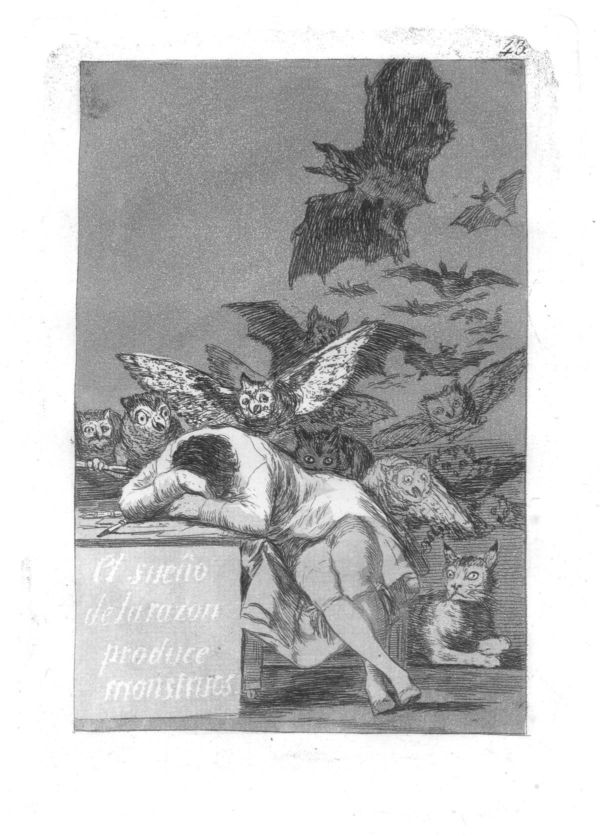 Francisco de Goya: El sueño de la razon produce monstruos, 1799, Capricho 43, Radierung mit Aquatinta