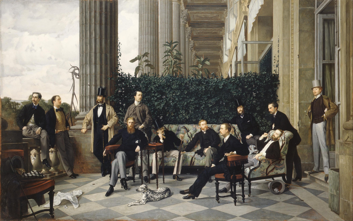 Le Cercle de la rue Royale, Gemälde von James Tissot, 1868. Der Mann ganz rechts ist Charles Haas, mit ein Vorbild für die Figur des Charles Swann. Haas war ein kunstsinniger und geistreicher Dandy, Attraktion der Salons und Schwarm der Frauen – hier dargestellt in adliger Gesellschaft, der er augenscheinlich nur am Rand zugehört.
