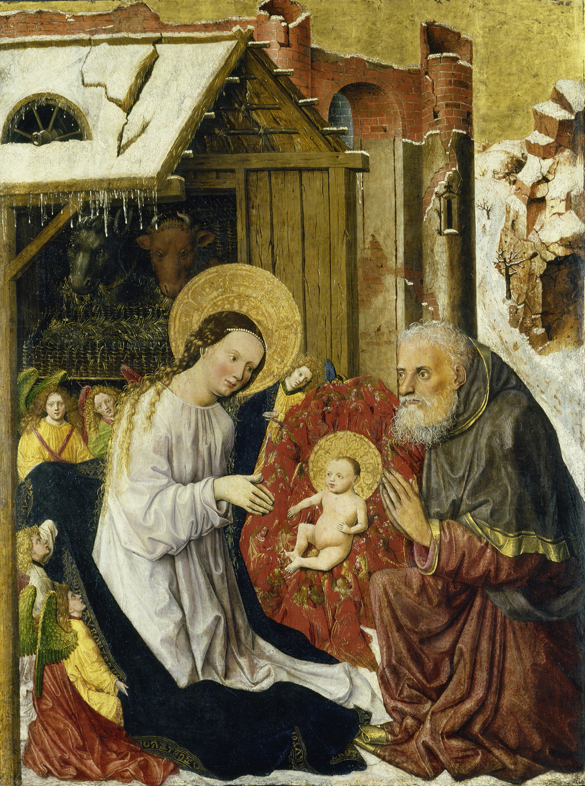 Meister der Münchner Marientafeln (tätig um 1450): Geburt Christi, um 1445/1450, Tempera auf Nadelholz, 107 x 80,5 cm, Kunsthaus Zürich, 1936