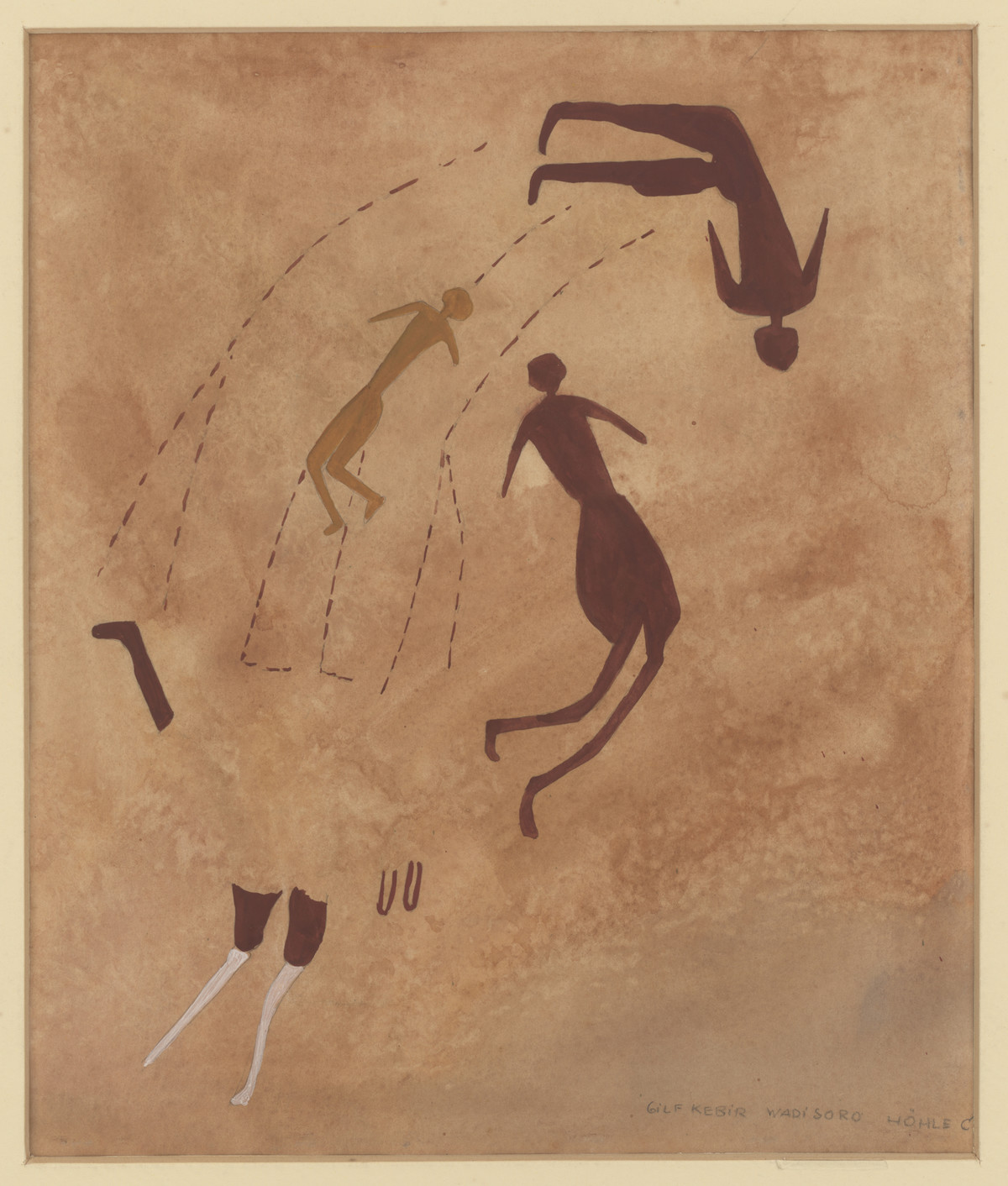 Drei menschliche Figuren, Ägypten, Gilf el-Kebir, Wadi Sura, 1933, Elisabeth Charlotte Pauli, Aquarell auf Papier, 34 × 35 cm © Frobenius-Institut
