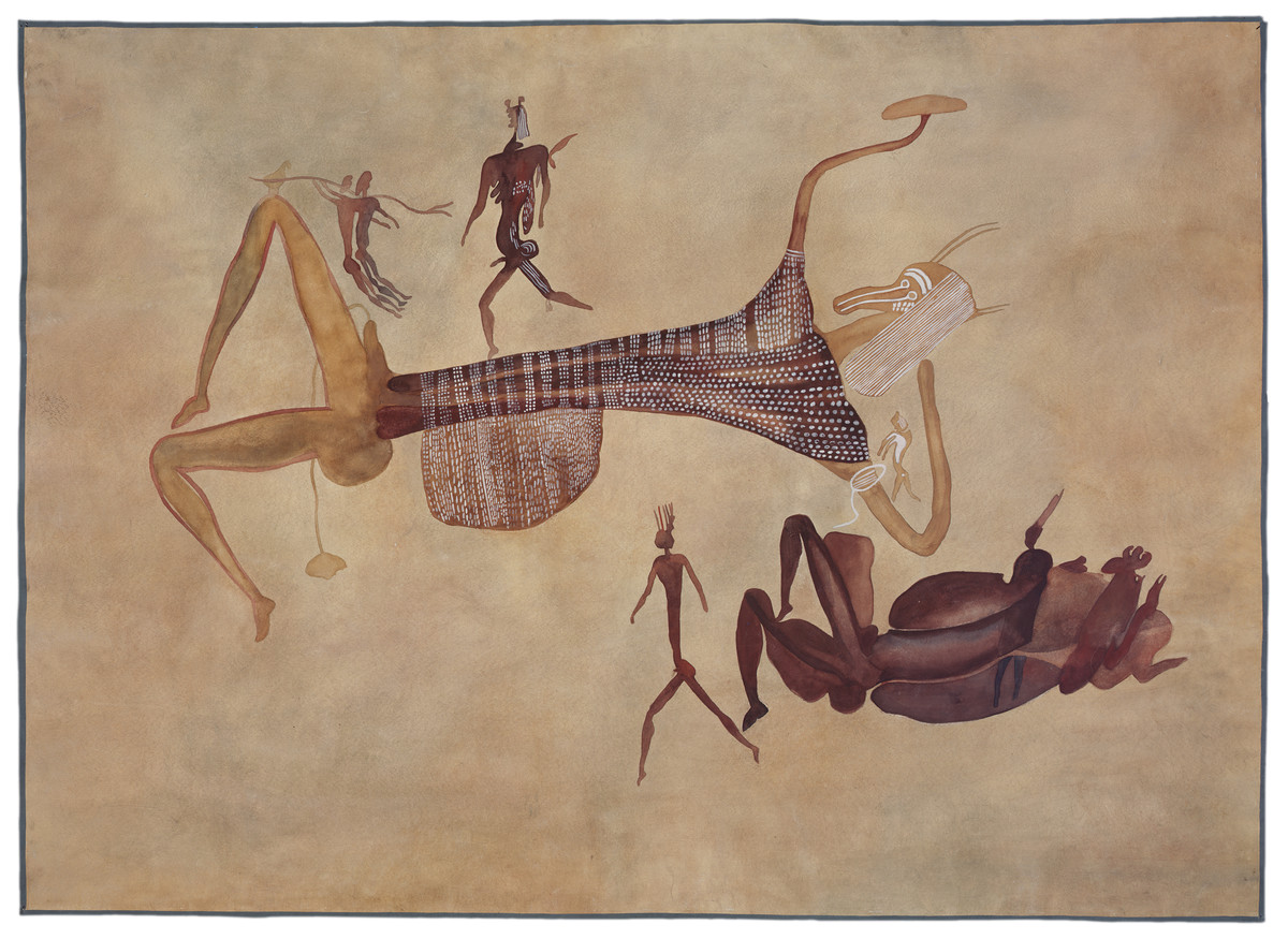 Liegender mit Hörnermaske, Simbabwe, Rusape, Diana Vow, 1929, Agnes Schulz, Aquarell auf Papier, 105,5 × 147 cm © Frobenius-Institut