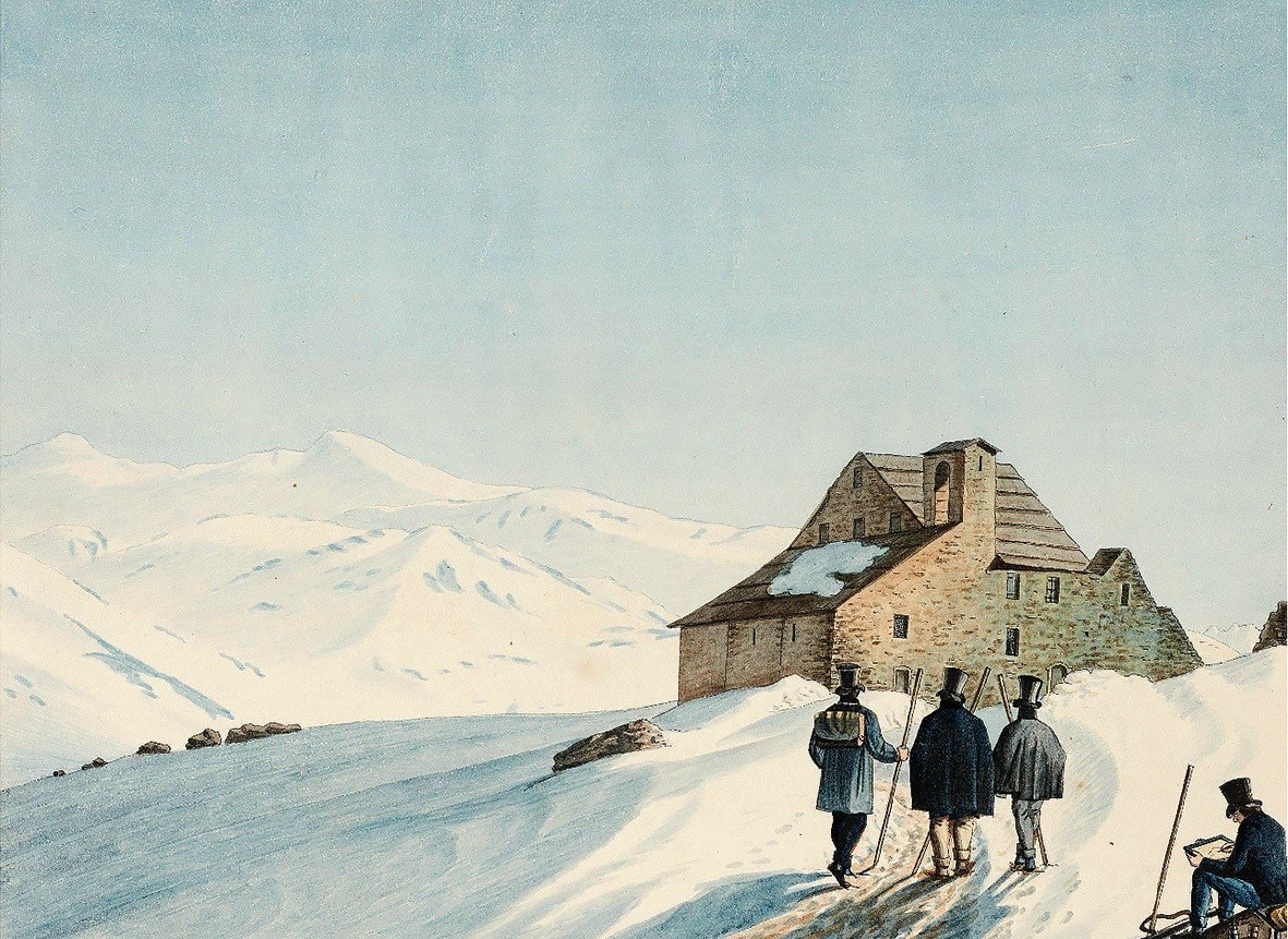Das Gotthard-Hospiz, kolorierter Stich von J.U. Fitzl, 1826