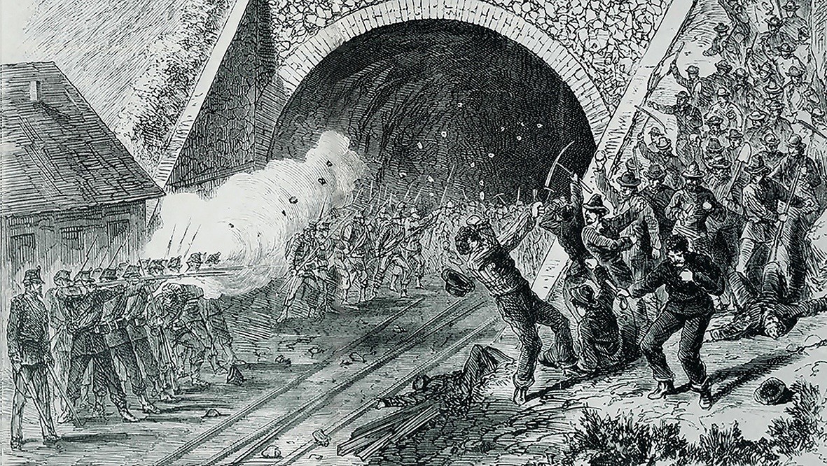 Streik in Airolo. Auch beim Tunnelportal in Göschenen war zuvor ein Streik niedergeschlagen worden. Illustration von Georg Specht.