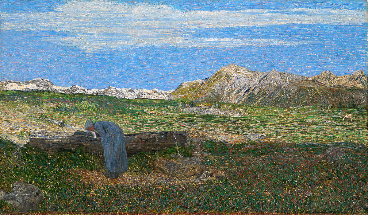 Giovanni Segantini (1858–1899): Alpenlandschaft mit Frau am Brunnen, um 1893, Öl auf Leinwand, 71,5 x 121,5 cm, Museum Oskar Reinhart, Foto: SIK-ISEA, Zürich (Philipp Hitz)