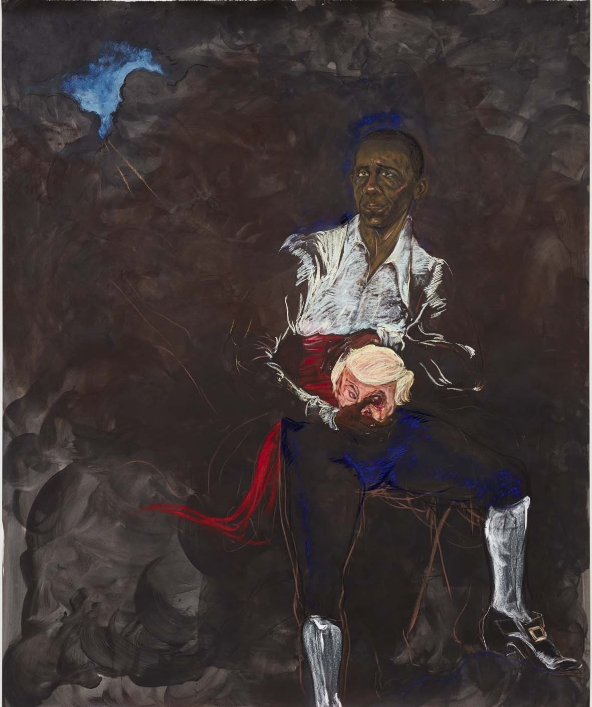 Barack Obama as Othello "The Moor" wird the Severed Head of Iago in  a New and Revised Ending by Kara E. Walker. 2019. Pastell, Kreide und Kohle auf grundiertem Papier. 221.9 x 182.9 cm. The Joiner/Guiffrida Collection, San Francisco.