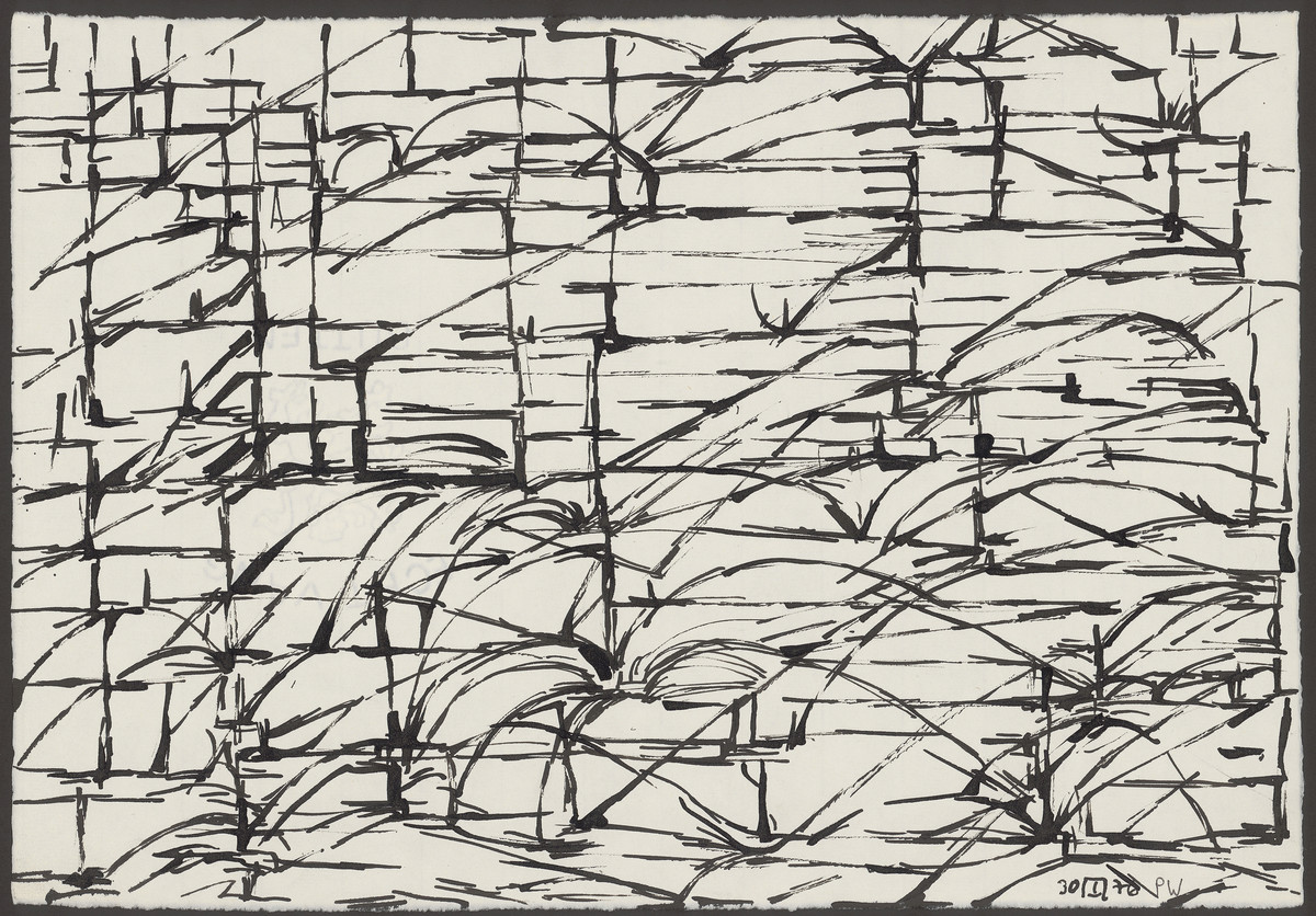 Peter Wechsler: Landschaftliches, 30.I.1976, Rohrfeder, Tusche auf weiss grundiertem Büttenpapier, 29,2 x 42,5 cm; Privatbesitz, © 2016 ProLitteris, Zürich
