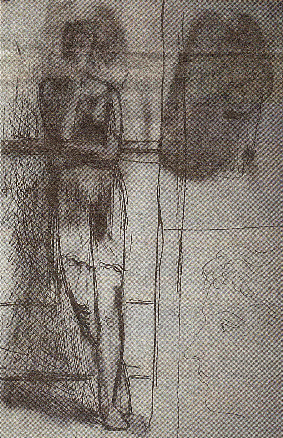 Drei Tintenzeichnungen auf dem gleichen Blatt. Links eine Frauenfigur, gekleidet "à l'antique". (Quelle: "Le Monde")