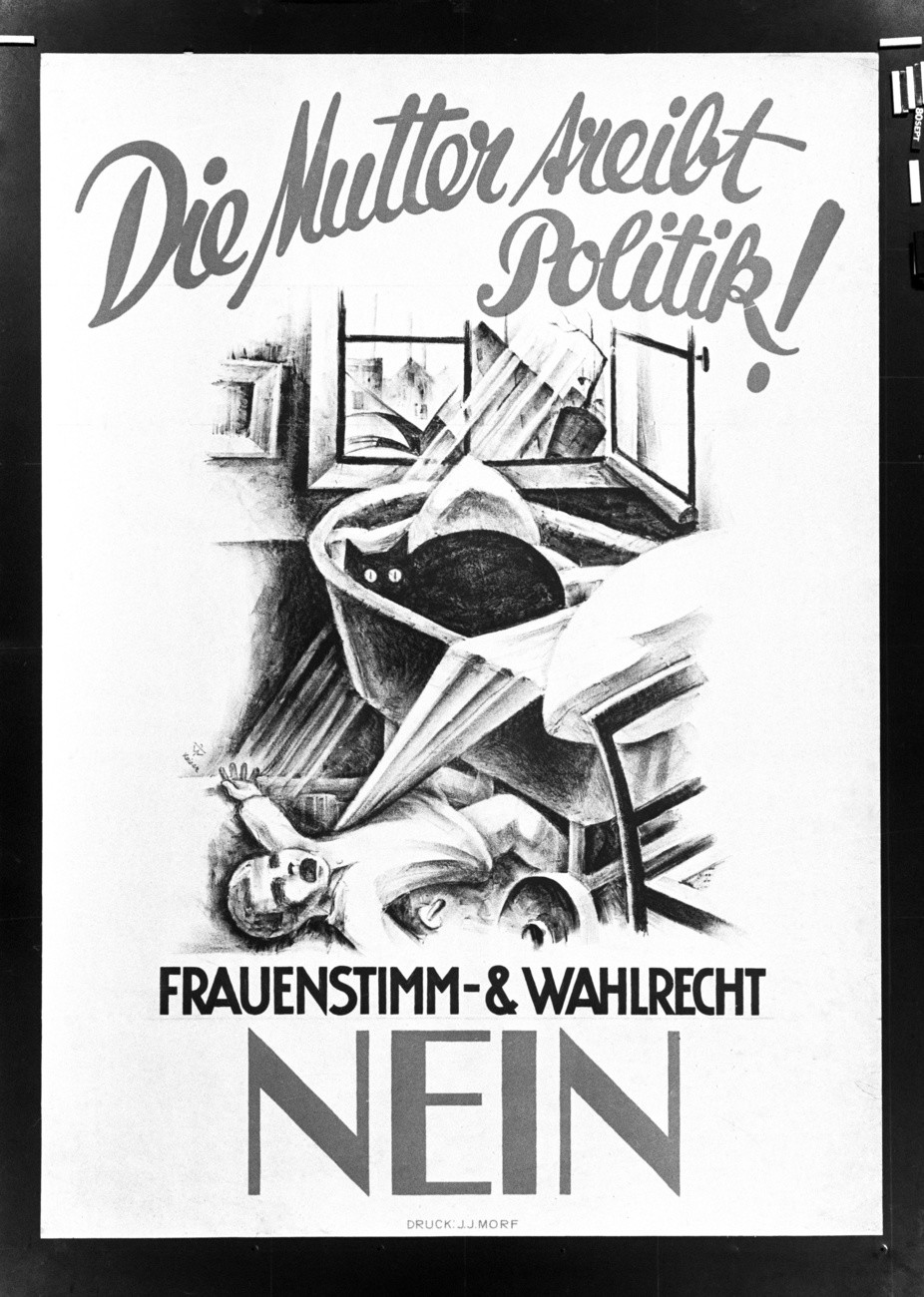 Abstimmungsplakat mit der Nein-Parole zur Einführung des Frauenstimmrechts gestaltet von Ernst Keiser. Dieses Plakat wurde für die Abstimmung im Kanton Basel-Stadt vom 15. Mai 1927 geschaffen. (Foto: Keystone/Photopress-Archiv/Str)