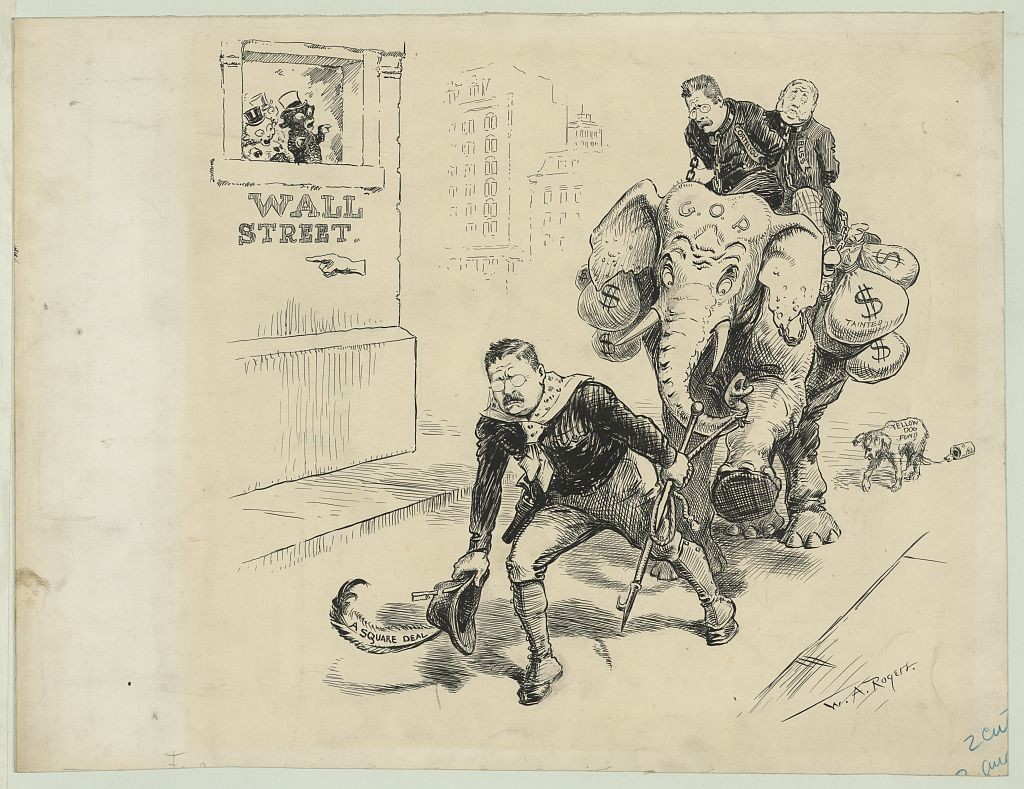 Präsident Theodore Roosevelt zieht mit dem republikanischen Elefanten und einigen Geldbeuteln zur Wall Street. (Foto: Library of Congress, Washington)