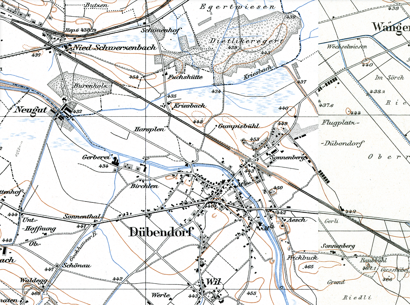 Dübendorf im Jahr 1921 (Siegfriedkarte, © Bundesamt für Landestopografie)