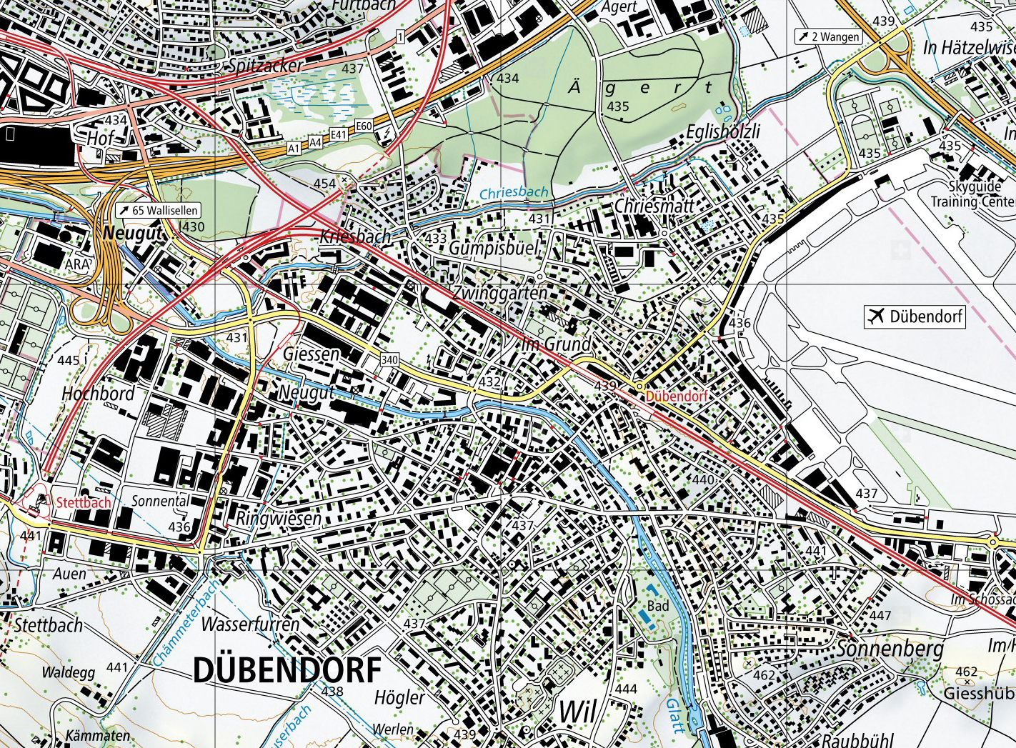 Dübendorf heute (Neue Landeskarte, © Bundesamt für Landestopografie)