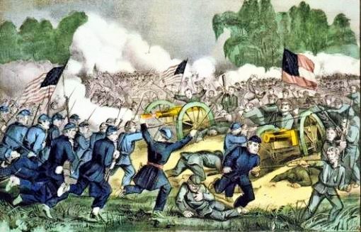 1863: Beginn der Schlacht von Gettysburg (Pennsylvania). Sie gilt als Wendepunkt im amerikanischen Bürgerkrieg. Die nördlichen Unionstruppen besiegen nach dreitägigen Gefechten die südlichen konföderierten Verbände. In der Schlacht sterben 7'000 Soldaten. (Handkolorierte Lithografie: National Library of Congress, Washington)