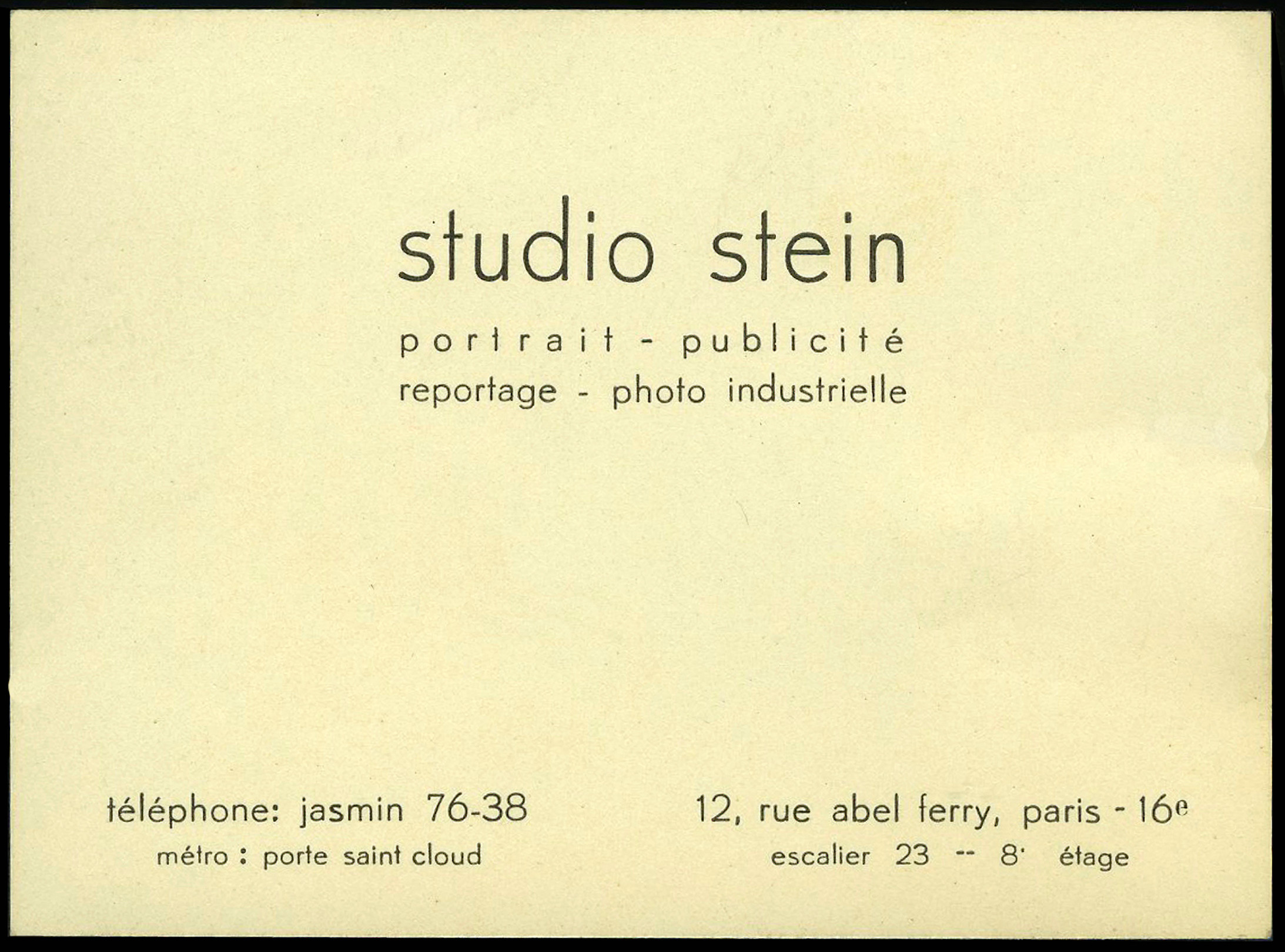 Visitenkarte des „Studio Stein“ Paris, 1930er Jahre © Stanfordville, NY, Fred Stein Archive