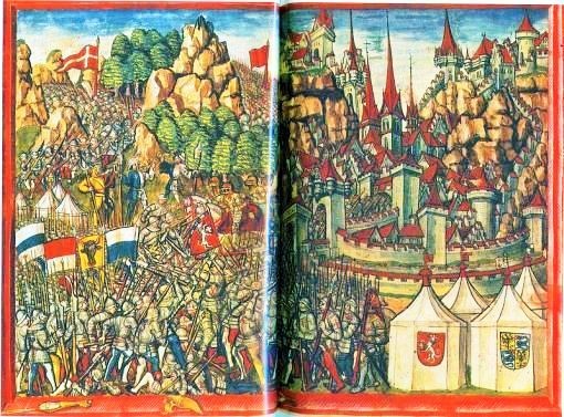 30. Juni 1422: Schlacht bei Arbedo (bei Bellinzona). Truppen der Alten Eidgenossenschaft, angeführt von Uri, verlieren gegen Verbände des Herzogtums Mailand. Die von den Eidgenossen beherrschte Leventina geht verloren und wird später zurückerobert. (Bild: Luzerner Chronik, Diebold Schilling der Jüngere)