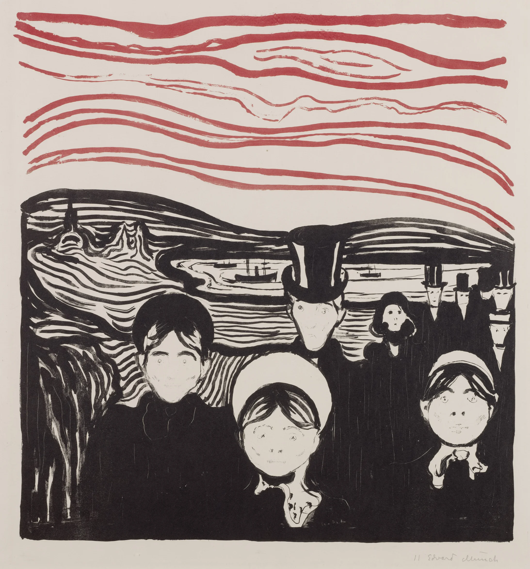 Edvard Munch: Angst, 1896, Lithografie auf Velinpapier, 499 x 425 mm, Privatsammlung, © The Munch Museum/The Munch-Ellingsen Group/2013, ProLitteris, Zürich
