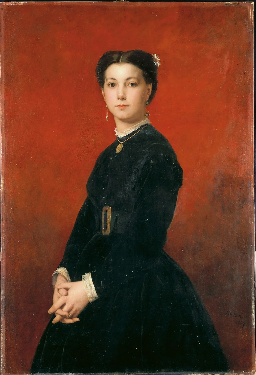 Mädchenbildnis auf rotem Grund. 1867, Öl auf Leinwand, 110 x 76 cm, Kunstmuseum Solothurn, Vermächtnis Henri Meyer, Kairo 1948. 