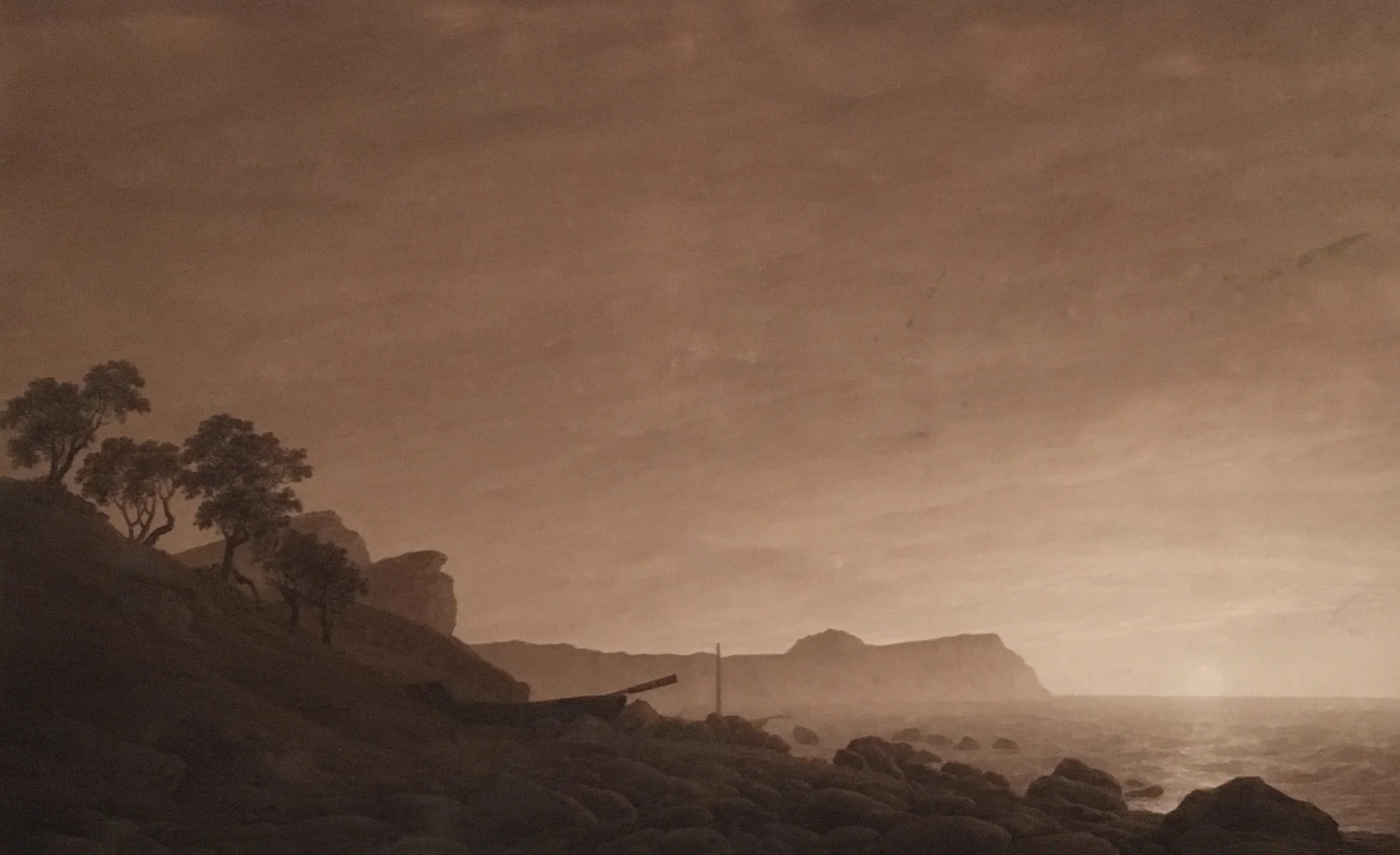 Caspar David Friedrich: Blick auf Kap Arkona mit aufgehendem Mond.  Um 1805. Bleistift und Pinsel in Braun auf Papier. 61 x 100 cm. Albertina, Wien.