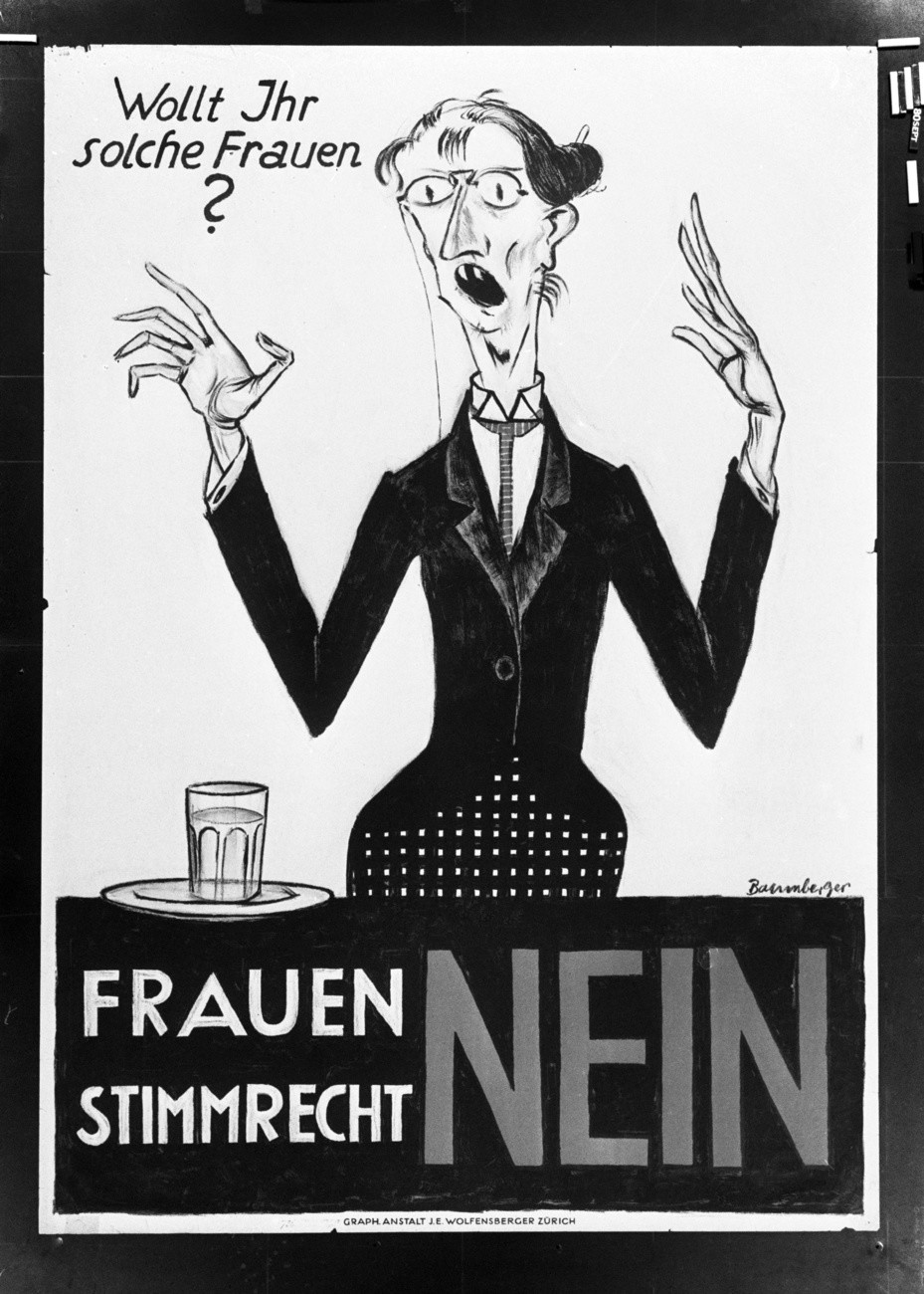 Ein Plakat aus dem Jahr 1920, das in den Kantonen Zürich und Basel-Stadt aufgehängt wurde. Bei der Abstimmung wurde die Einführung des Frauenstimmrechts mit grosser Mehrheit abgelehnt. (Foto: Keystone/Photopress-Archiv/Str)