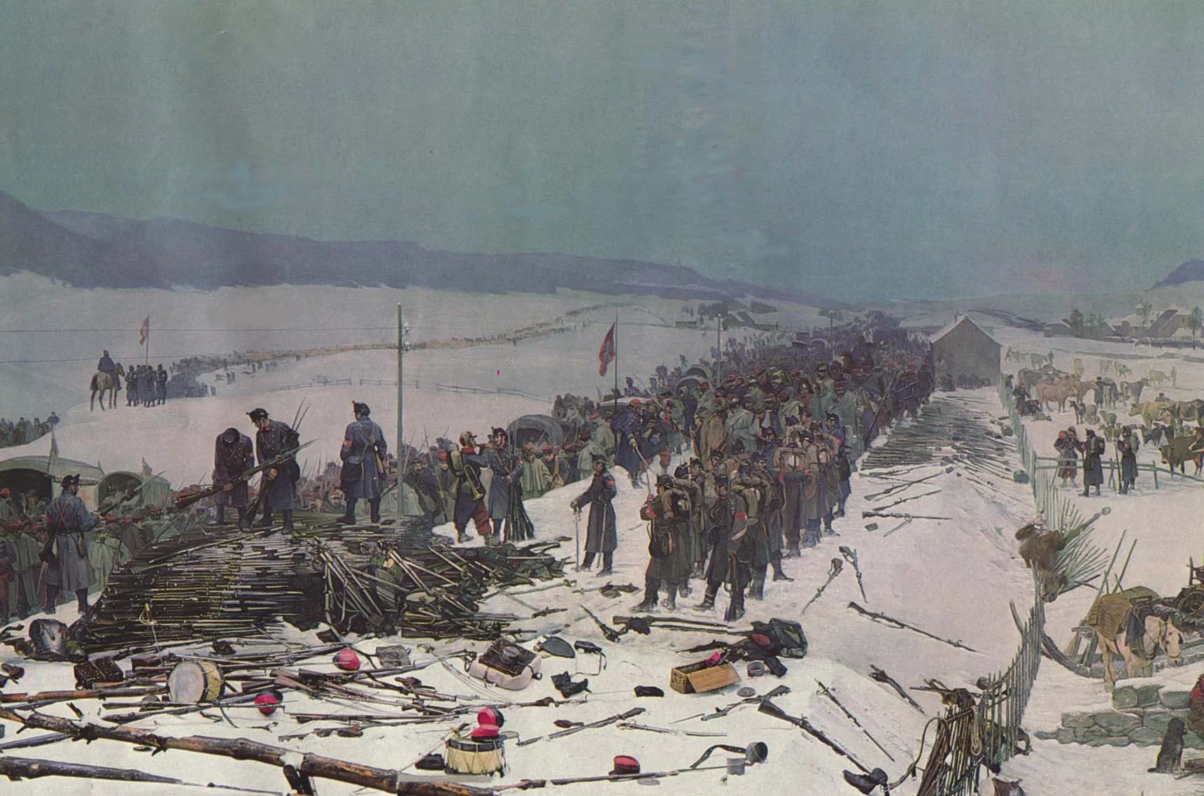 87'000 französische Soldaten geben an der französisch-schweizerischen Grenze bei Les Verrières ihre Waffen ab. (Bild: Ausschnitt aus dem Luzerner Bourbaki-Panorama)