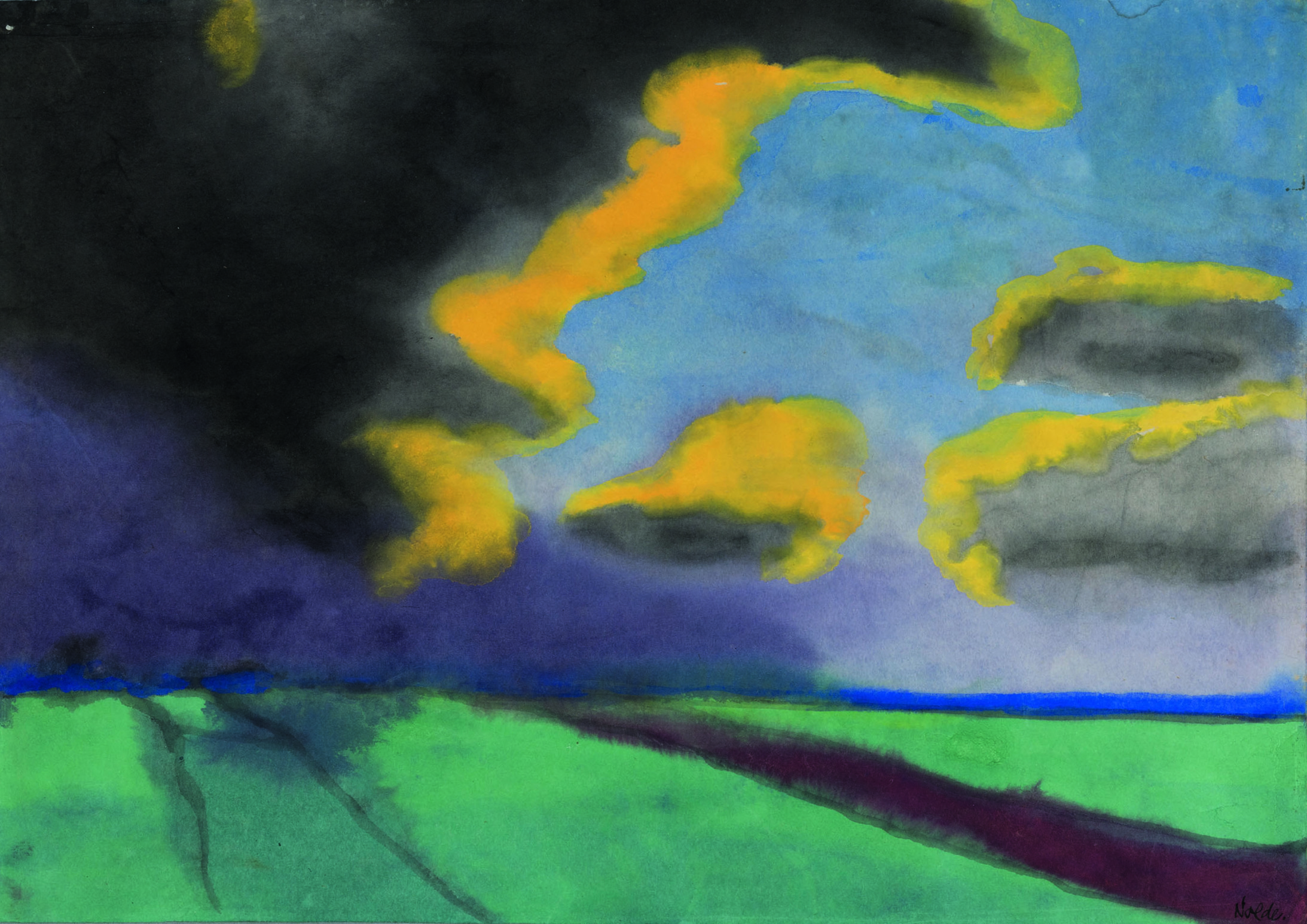 Emil Nolde
Weite Landschaft mit Wolken. O.J.
Aquarell auf Japanpapier. © Kunstmuseum Bern, Legat Cornelius Gurlitt 2014. Provenienz in Abklärung /aktuell kein Raubkunstverdacht
