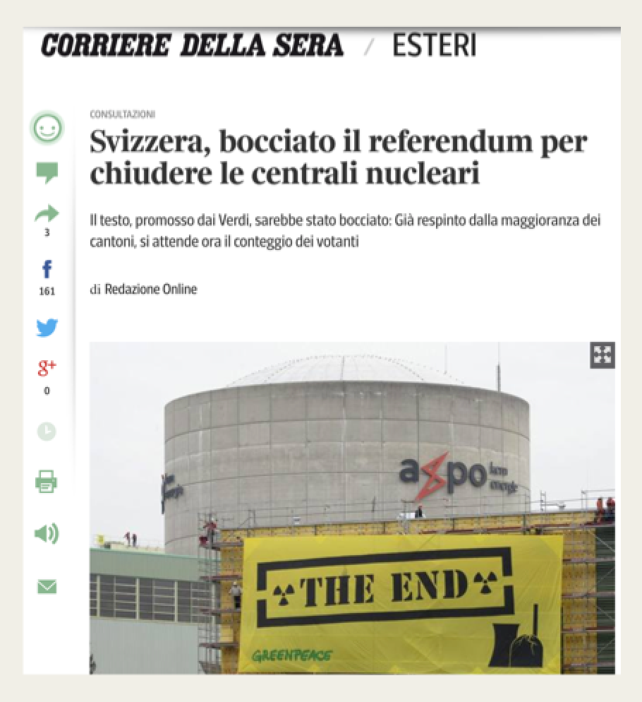 Prominent aufgemacht auf der Website des „Corriere della sera“: der Bericht über die Atomausstiegs-Initiative in der Schweiz