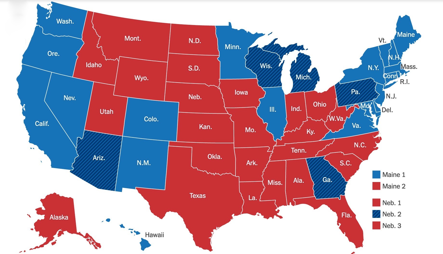 Amerika ist blauer geworden. Blau eingezeichnet sind die Staaten, in denen Biden gewann – rot jene, in denen Trump triumphierte. Blau schraffiert sind die fünf Battleground-Staaten, die Trump vor vier Jahren gewonnen hatte und die jetzt für Biden stimmten. 