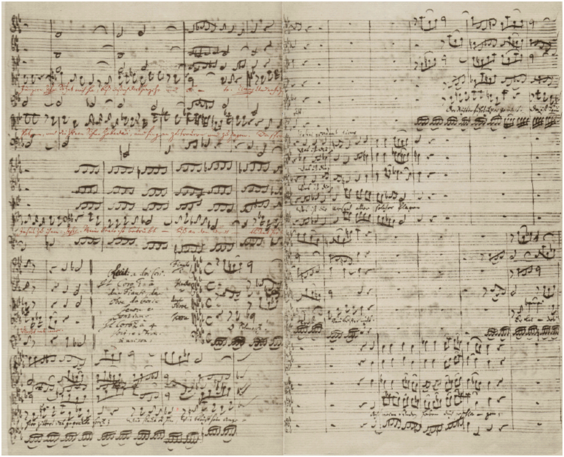 Matthäuspassion, Ende von Nr. 24 und Anfang von Nr. 25 in Bachs originaler Reinschrift von 1736 mit Angabe der Besetzung (Wikimedia)