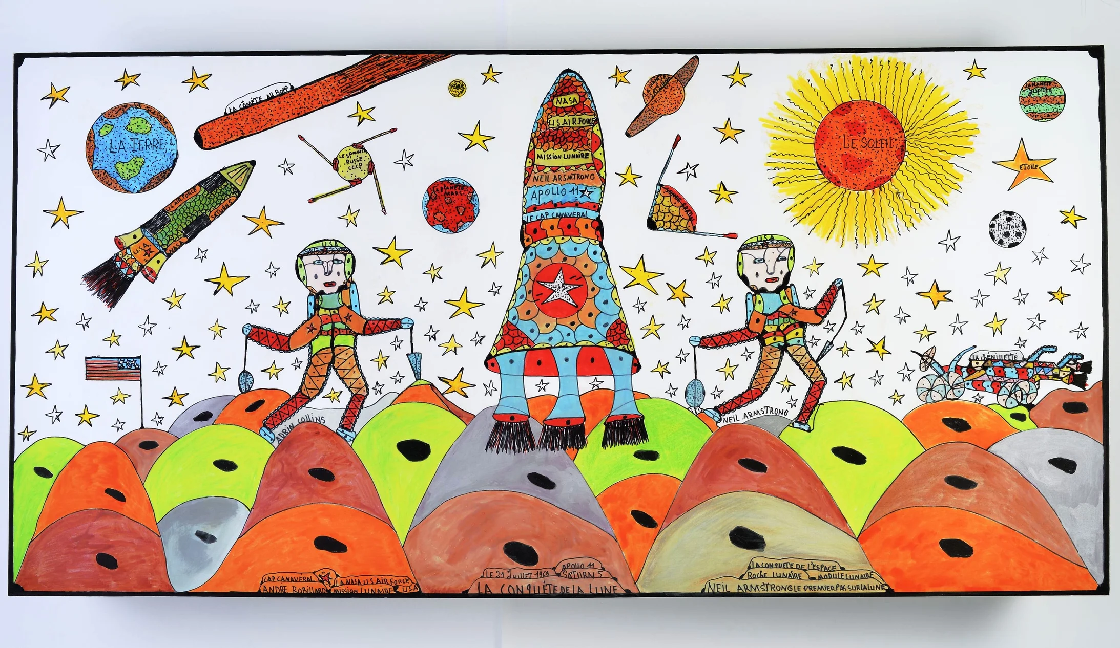 André Robillard: La Conqête de la lune, 2012, Filz- und Farbstift auf Leinwand, 100 x 200 cm, Sammlung Frédéric Lux. Foto: Mirjam Wanner