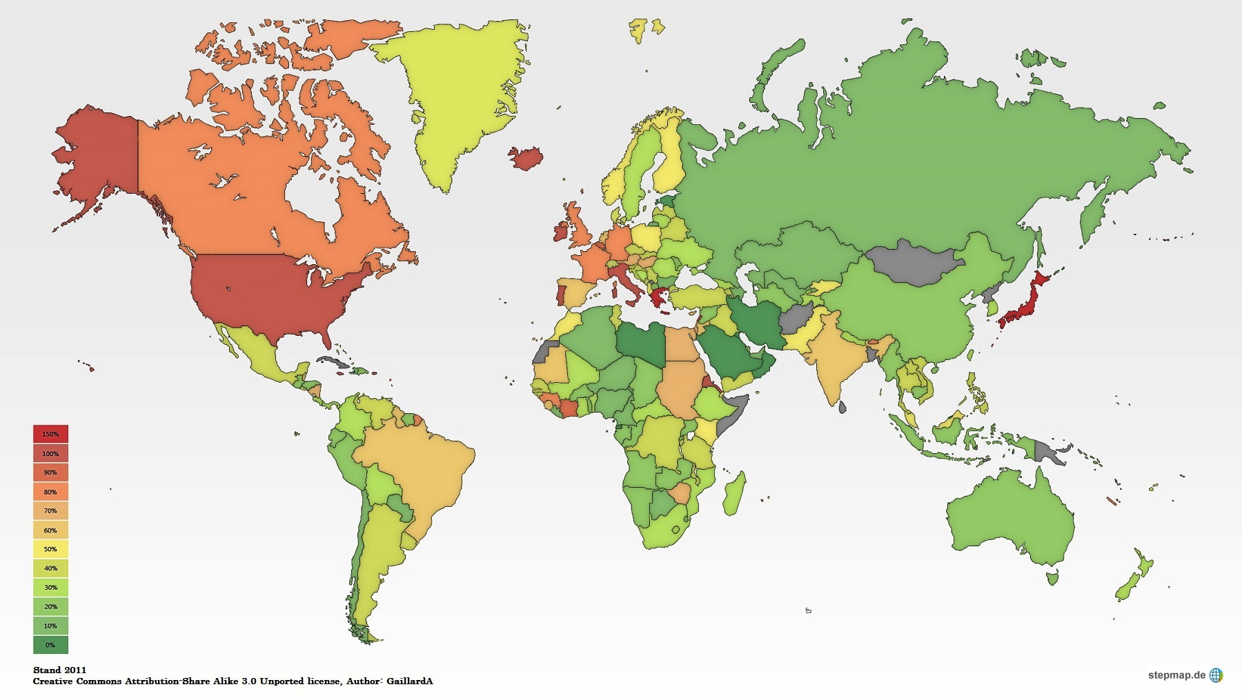 Die Karte zeigt die Verschuldung der Staaten in Relation zum Brutto-Inlandprodukt BIP. (Quelle: www.stepmap.de)