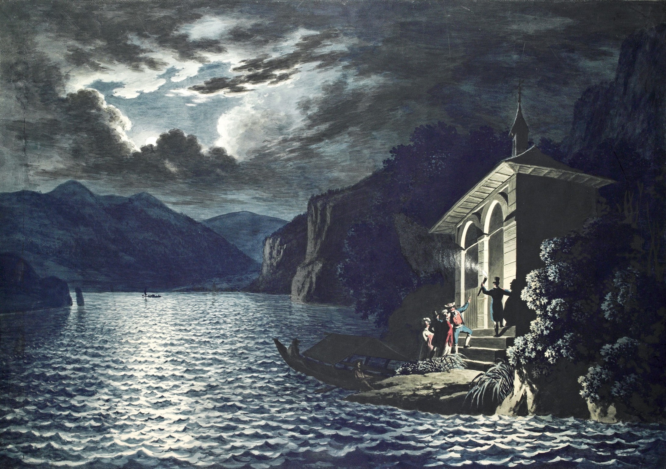 Franz  Niklaus König: Tellskapelle am Vierwaldstättersee. Um 1810. Aquarell auf Transparentpapier. 84 x 119 cm. Kunstmuseum Bern.