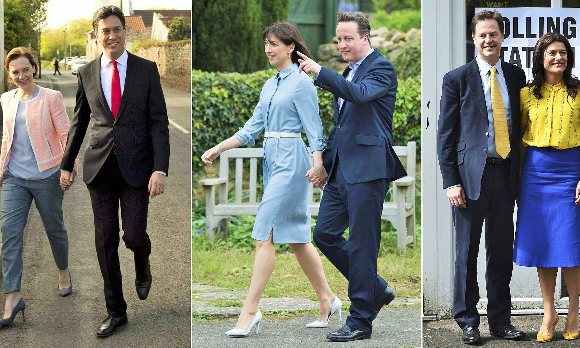 Ed Miliband, Labour, mit Frau Justine (links); David Cameron, Tories, mit Frau Samantha (mitte); Nick Clegg, LiberalDems, mit Frau Miriam.