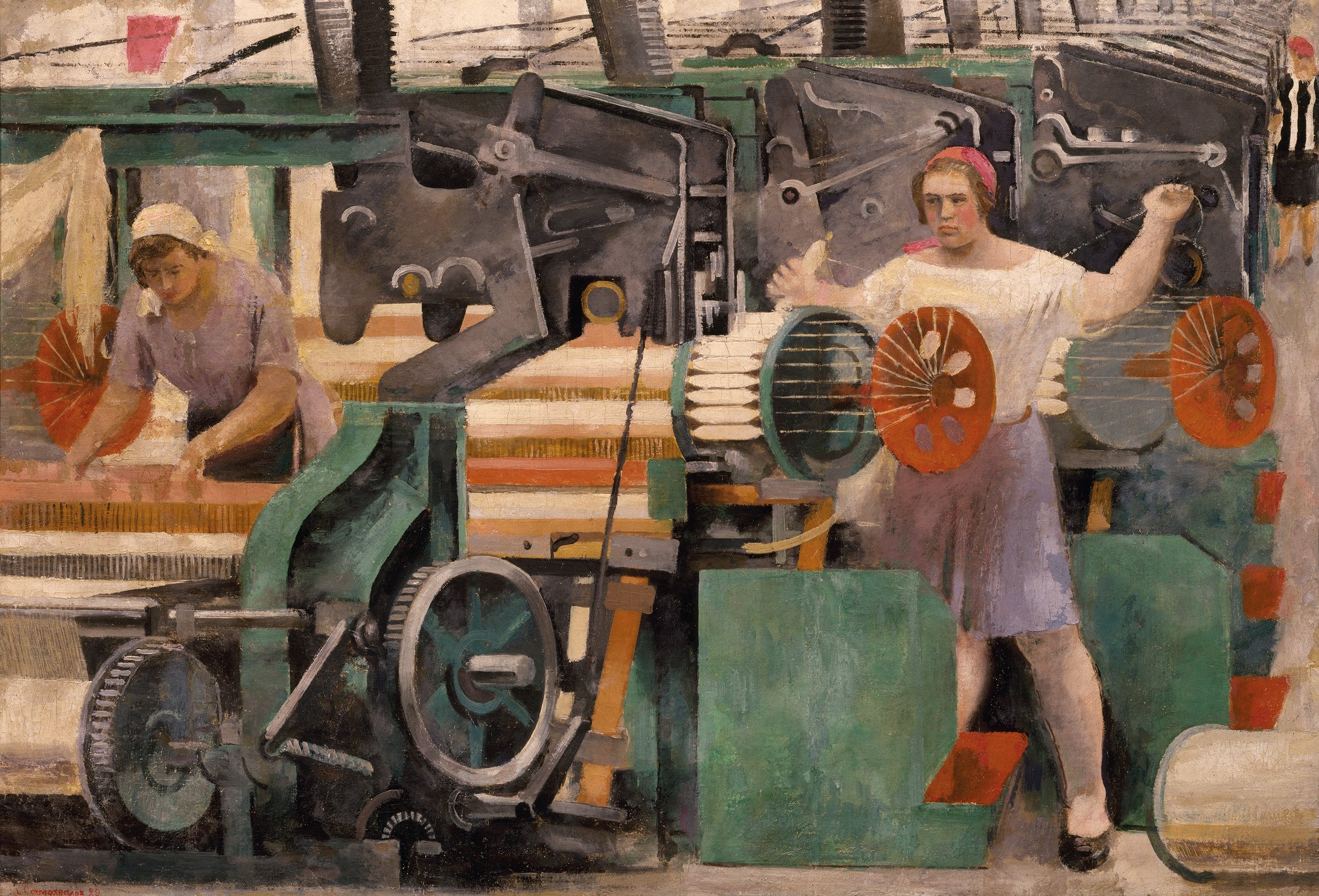 Alexander Samochwalow: Textilfabrik, 1929, Öl, Tempera auf Leinwand, 68 x 98 cm, Staatliches Russisches Museum, St. Petersburg, © 2017 ProLitteris, Zürich