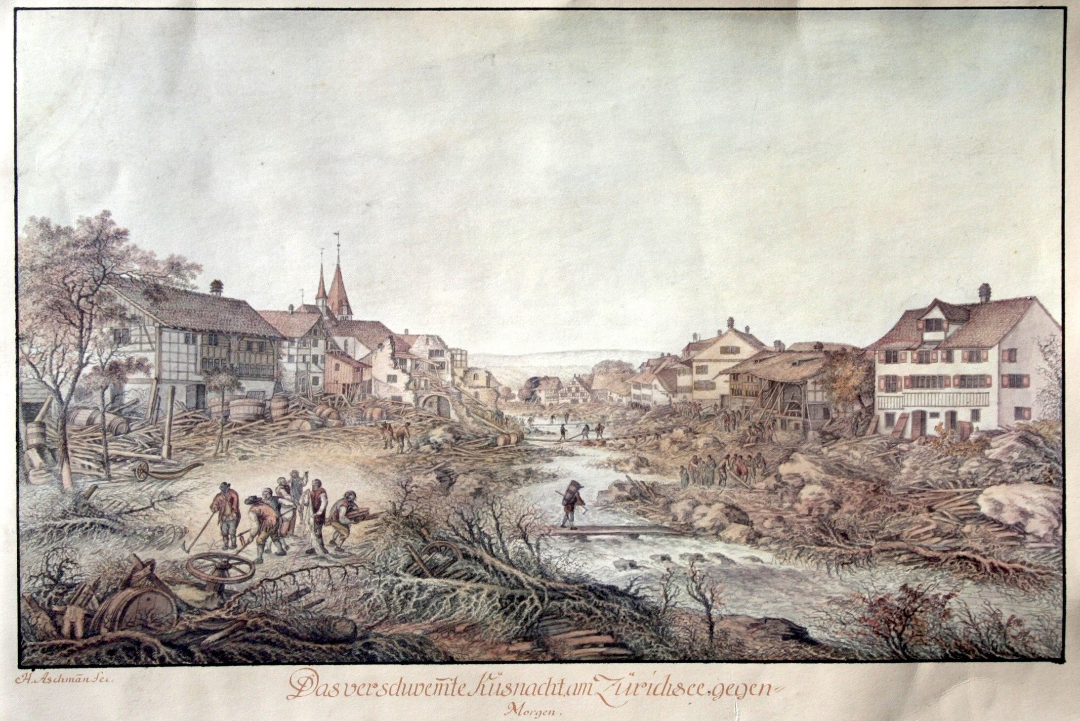 Küsnacht am Morgen nach der Überschwemmung vom 8. Juli 1778 (Verein für Ortsgeschichte Küsnacht)